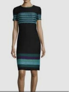 ST. JOHN Marco Stitch Knit Striped  Short Sleeve Sheath Dress Size 12